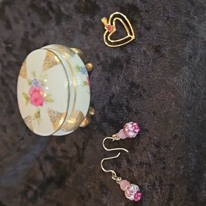 Luxe Triopalooza; Porcelain RoseTrinket Box, Heart Pendant, beaded Earrings